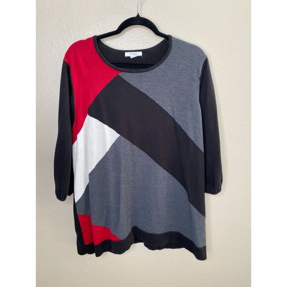 Dressbarn Womens Colorblock 3/4 Sleeve Top‎ Size 14/16 Red Black Pullover Cotton - Picture 2 of 7